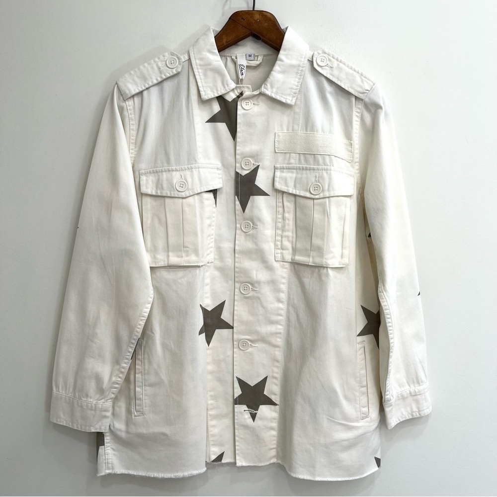 Elan military jacket shacket in shooting star off white olive green stars medium